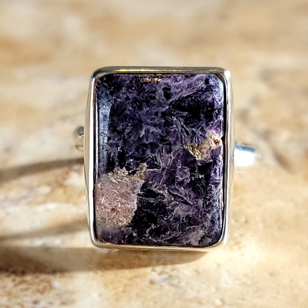 Native Charoite Gemstone Ring Size 8.75 Sterling Silver Boho Jewelry Adjustable